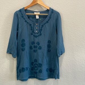 Soft Surroundings Blue Embroidered Rayon Popover Blouse Size XS